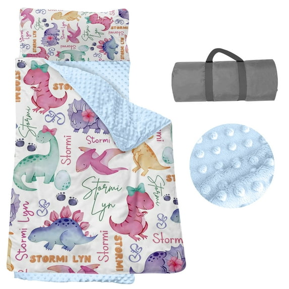 Kainsy Dinosaur Nap Mat, Personalized Toddler Nap Mats for Daycare Preschool Kindergarten Sleeping Bag for Kids Boys Nap Mat with Removable Pillow and Soft Blanket Pink