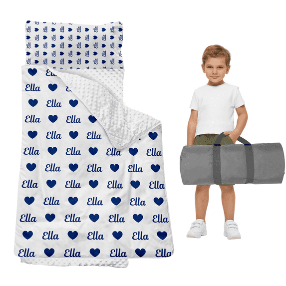 Kainsy Duckbe Toddler Nap Mat for Daycare, Personalized Kids Sleeping Bag with Pillow and Blanket, Portable Kindergarten Nap Mat with Custom Name, Preschool Travel Camping, White & Blue