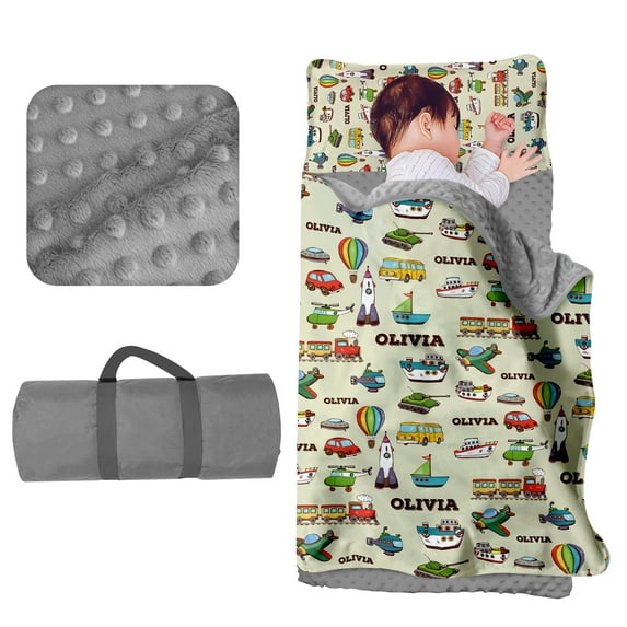 Kainsy Evulum Custom Toddler Boys Sleeping Bag, Nap Mat for Daycare Preschool, Kids Sleeping Bag with Pillow and Blanket for Kindergarten, Personalized Name Easy Carry Sleeping Mat Beige Cars