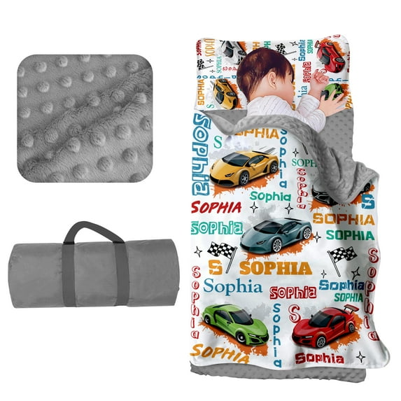 Kainsy Evulum Custom Toddler Boys Sleeping Bag, Nap Mat for Daycare Preschool, Kids Sleeping Bag with Pillow and Blanket for Kindergarten, Personalized Name Easy Carry Sleeping Mat Racing Cars