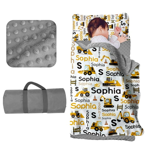 Kainsy Evulum Custom Toddler Boys Sleeping Bag, Nap Mat for Daycare Preschool, Kids Sleeping Bag with Pillow and Blanket for Kindergarten, Personalized Name Easy Carry Sleeping Mat Excavators