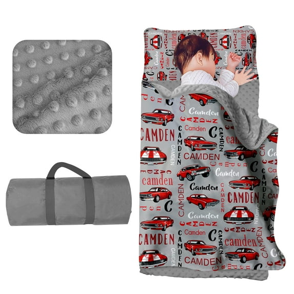 Kainsy Evulum Personalized Toddler Boys Sleeping Bag, Nap Mat for Daycare Preschool, Kids Sleeping Bag with Pillow and Blanket for Kindergarten, Custom Name Easy Carry Sleeping Mat Grey Race Cars