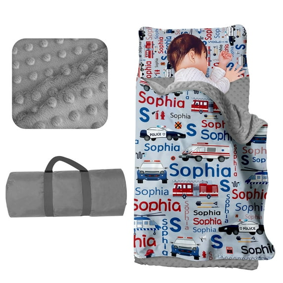 Kainsy Evulum Personalized Toddler Boys Sleeping Bag, Nap Mat for Daycare Preschool, Kids Sleeping Bag with Pillow and Blanket for Kindergarten, Custom Name Easy Carry Napsack Grey Ambulance