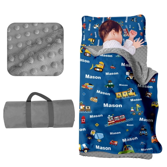 Kainsy Evulum Personalized Toddler Boys Sleeping Bag, Nap Mat for Daycare Preschool, Kids Sleeping Bag with Pillow and Blanket for Kindergarten, Custom Name Easy Carry Napsack Blue Trains