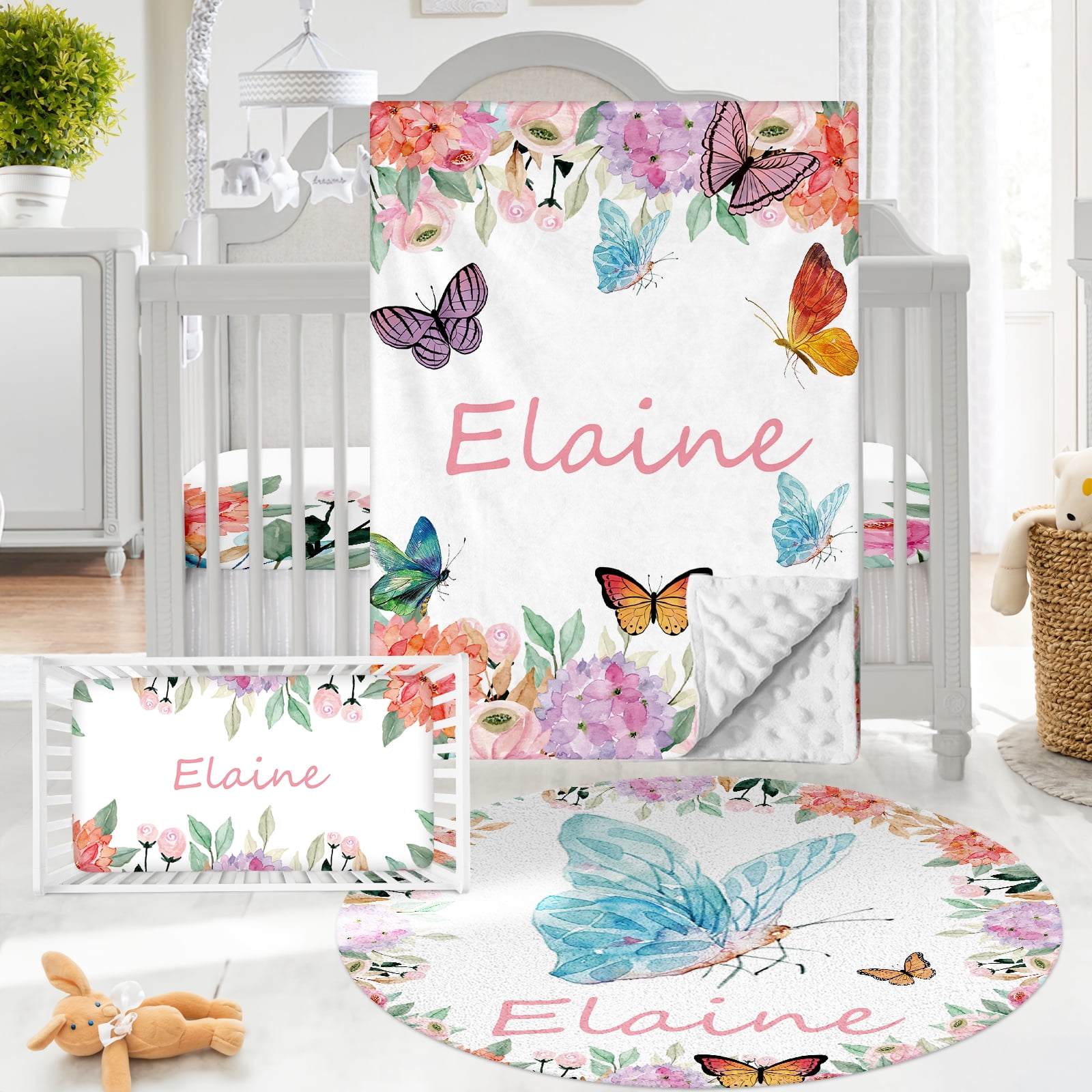 Kainsy Personalized Baby Crib Bedding Set Custom Name Butterfly