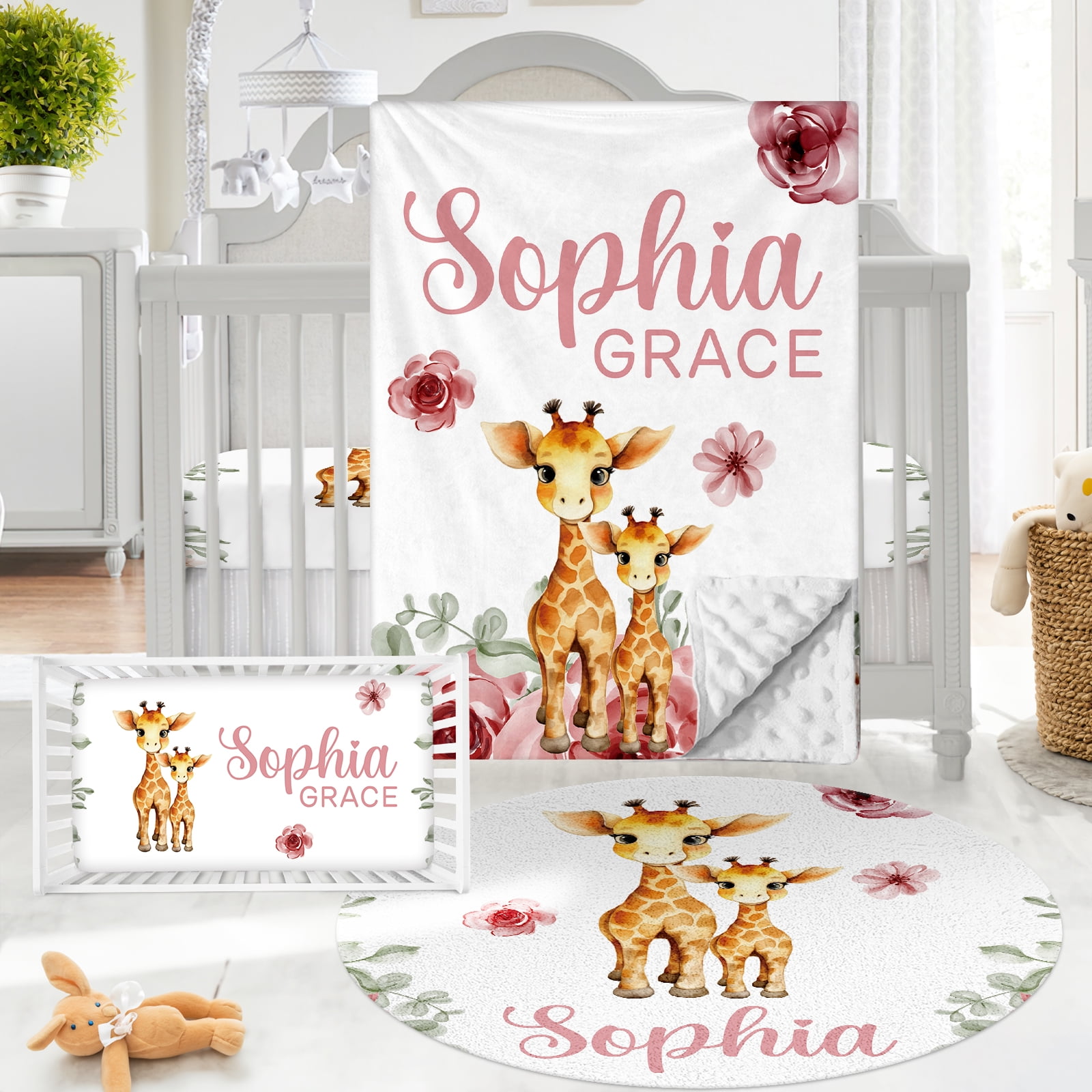 Kainsy Personalized Baby Crib Bedding Set Custom Name Giraffe Design 3 Pcs Set Soft Blanket with Double Layer Dotted Backing Fitted Sheet Room Rug for Newborns Boys Girls Shower Gift 60 x80