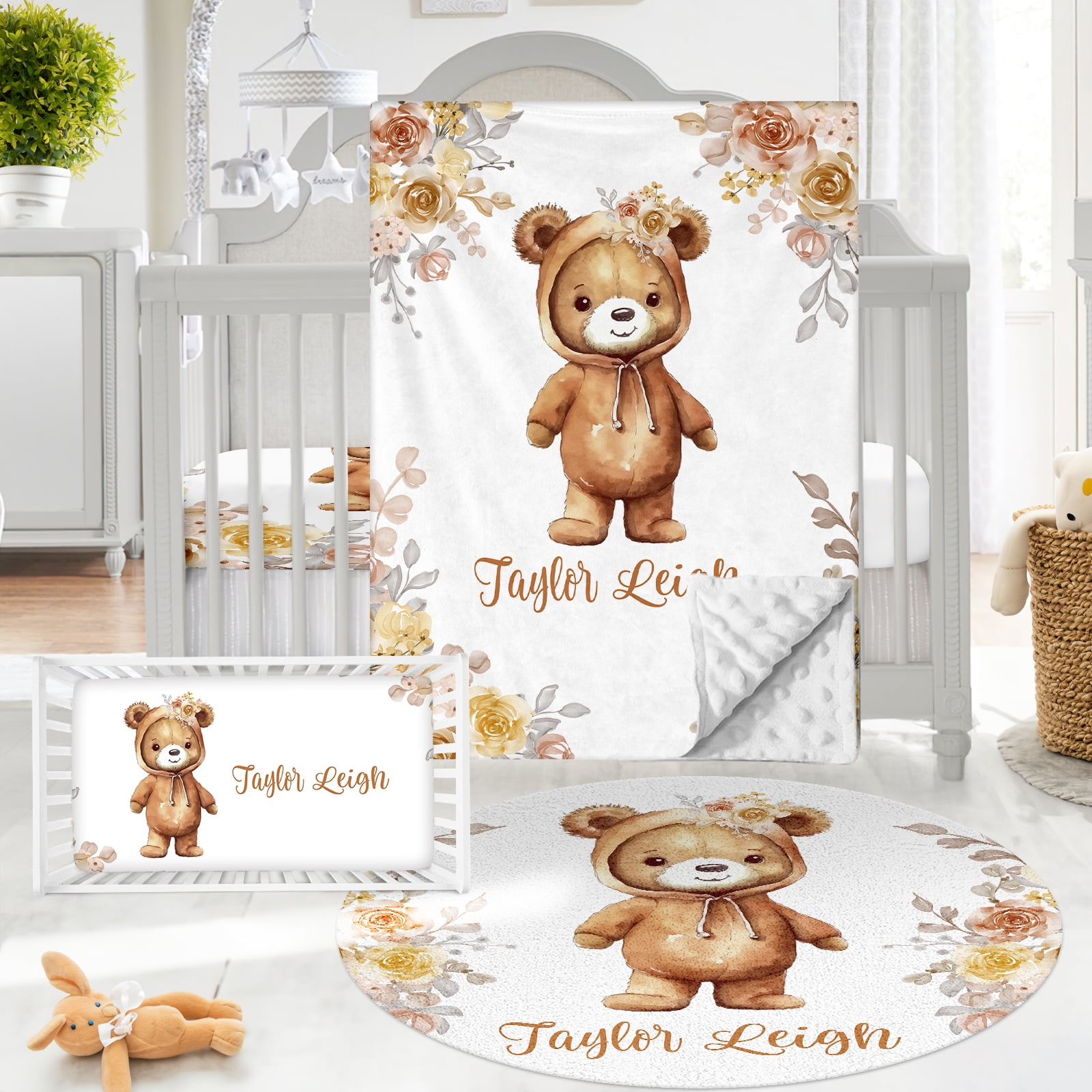 Kainsy Personalized Baby Crib Bedding Set Custom Name Teddy Bear