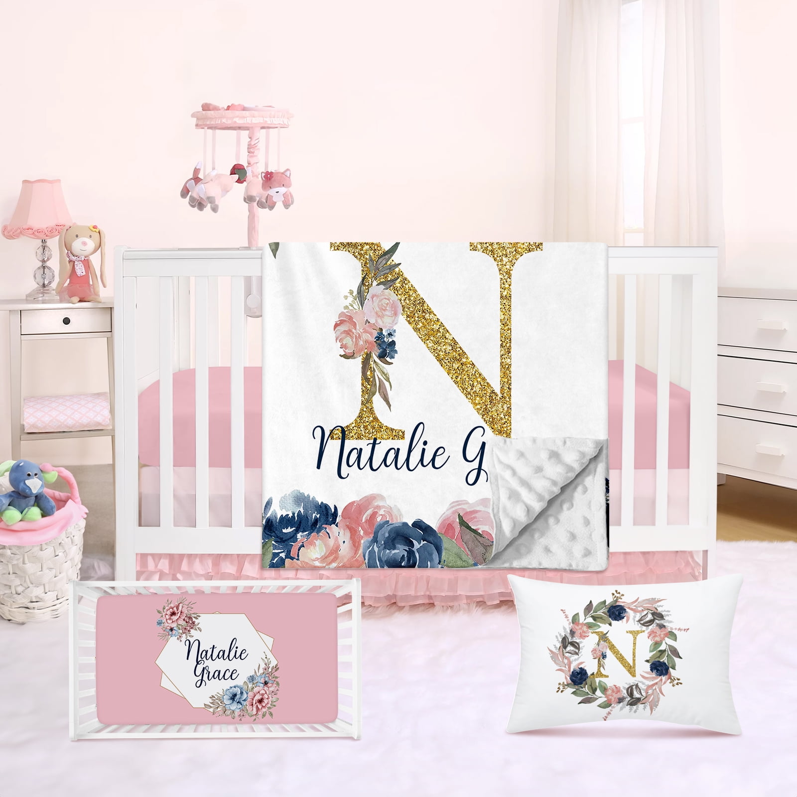 Kainsy Personalized Crib Bedding Set for Baby Boy Girl Custom Name Beautiful Flowers Design 3 Piece Baby Bedding Set with Plush Blanket Fitted Sheet and Pillowcase Newborn Nursery Gift 60 x80 Walmart
