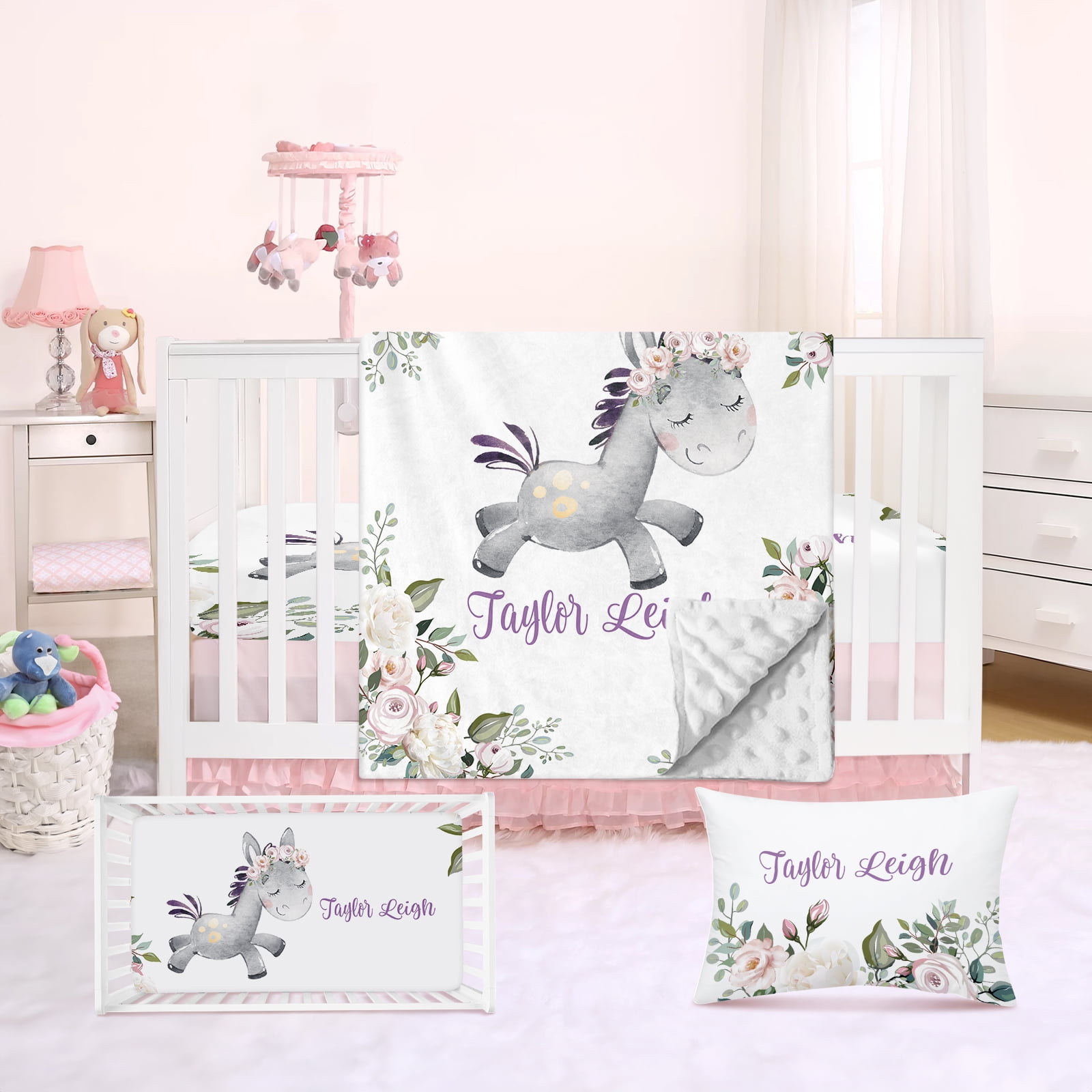 KAINSY Personalized Baby Bedding Set,5 Pcs Custom Name Baby Crib