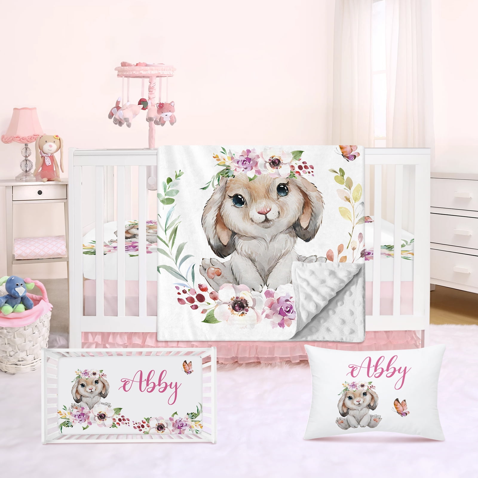 Personalized Baby Girl Crib Bedding Set With Name - 2 Piece Ladybug Nursery Set With Comforter & Fitted Sheet