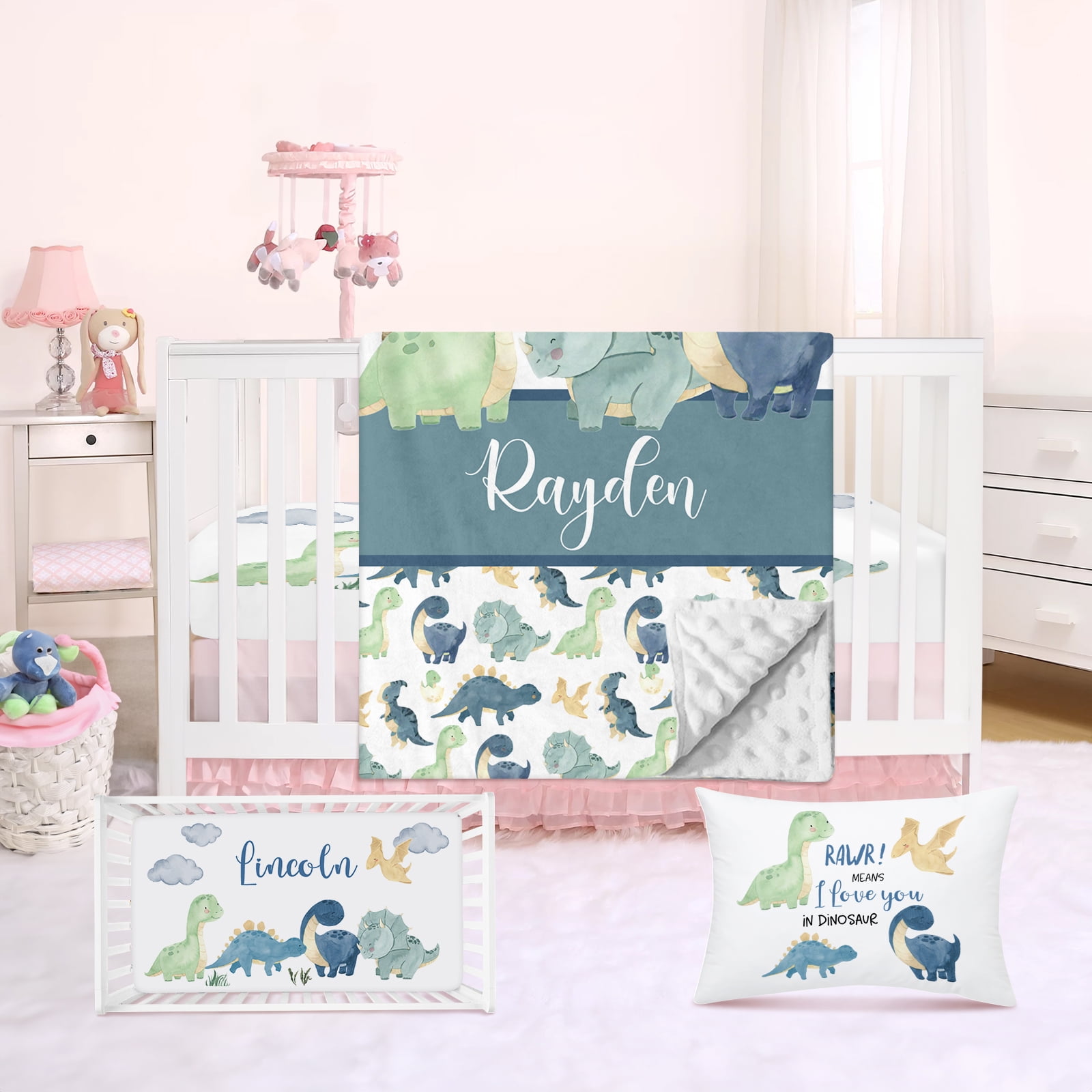 Personalized Dinosaur Crib Bedding Set For Boys - Custom Name Baby Bedding, 3-Piece Nursery Set With Blanket, Sheet & Changing Pad Cover