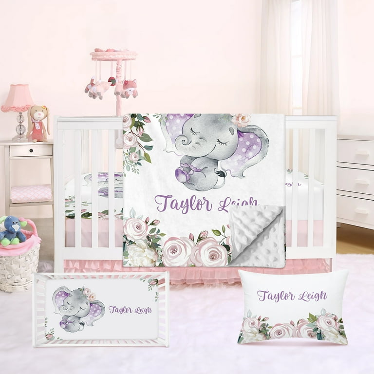 Kainsy Personalized Crib Bedding Set for Baby Custom Name Sleeping Elephant Design 3 Piece Set with Plush Blanket Fitted Sheet and Pillowcase Unique Gift for Newborn Nursery Fixed Size Walmart