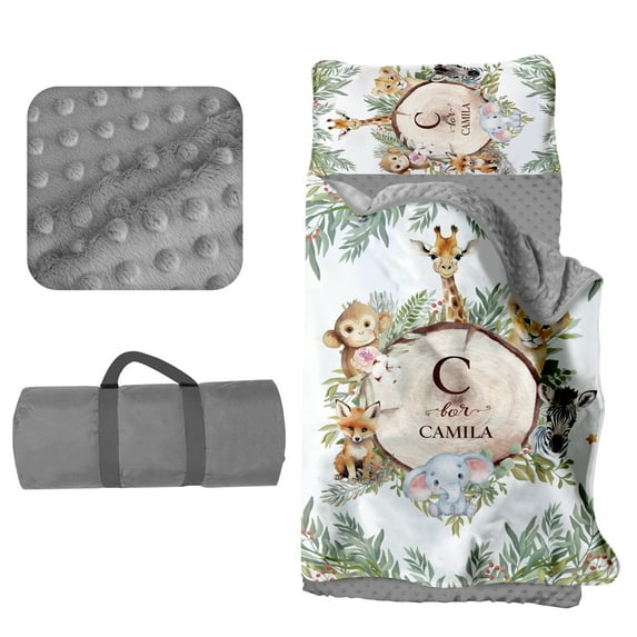 Kainsy Personalized Kids Sleeping Mat for Boys Girls, Custom Name Toddler Nap Mats for Preschool Kindergarten, Custom Sleeping Bag with Pillow Cover Blanket Set Animals Design