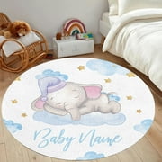 Kainsy Personalized Name Elephant Baby Room Rug for Girls Boys: Customized Toddler Crawling Mat with Custom Name - White Elephant Baby Nursery Rug for Play Area Newborn Gift(2ft/24" Round)