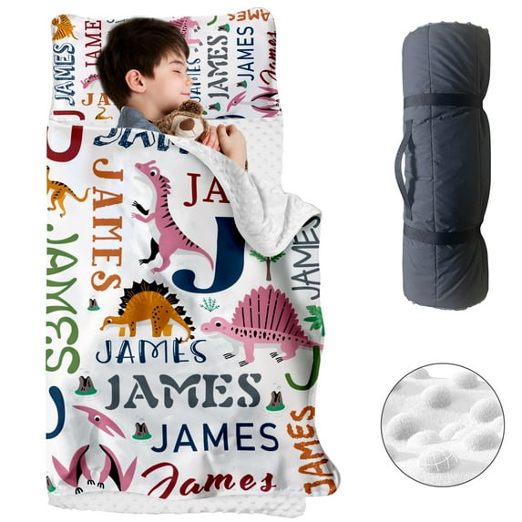 Kainsy Personalized Toddler Nap Mat for Boys & Girls, Kids Sleeping Mat for Preschool & Daycare, Dinosaur Design, Minky Dot Blanket Soft & Comfortable, Ideal for Kindergarten Camping Travel