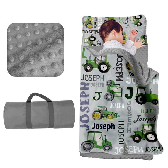 Kainsy Personalized Toddler Nap Mat for Daycare Cot Bedding - Baby Boys Kids Nap Mats with Pillow Blanket Preschool Kindergarten Children Sleeping Bag with Custom Name Easy Carry Grey Tractor
