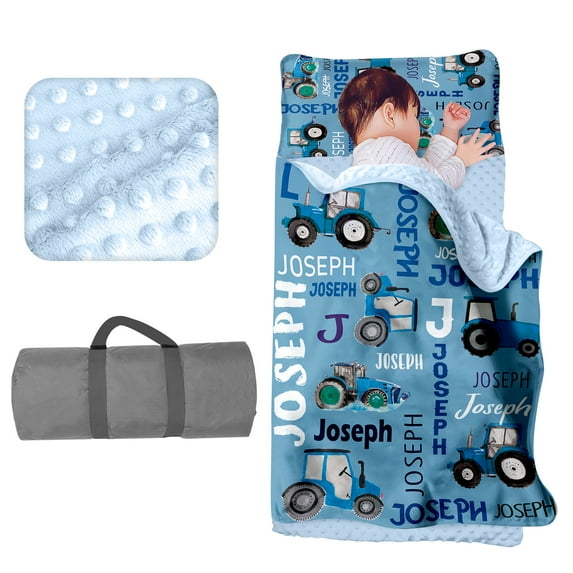Kainsy Personalized Toddler Nap Mat for Daycare Cot Bedding - Baby Kids Nap Mats with Pillow Blanket Preschool Kindergarten Children Sleeping Bag with Custom Name Easy Carry Blue Tractor