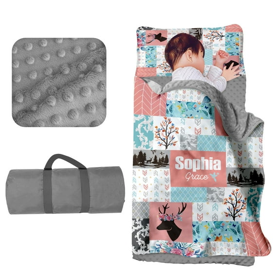 Kainsy Personalized Toddler Nap Mat for Daycare - Custom Name Kids Nap Mats for Preschool Kindergarten Girls Sleeping Bag with Pillow Blanket Set, Thick Padded Easy Roll Up Pink Blue Deer