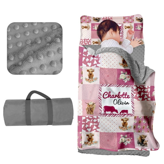 Kainsy Personalized Toddler Nap Mat for Daycare - Custom Name Kids Nap Mats for Preschool Kindergarten Girls Sleeping Bag with Pillow Blanket Set, Thick Padded Easy Roll Up Pink Highland Cow