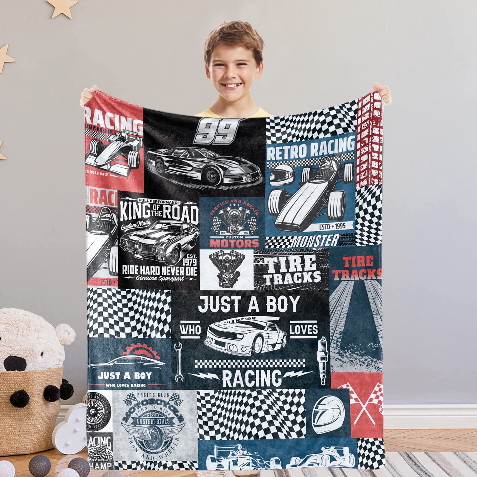 Kainsy Race Car Blanket Just a Boy Who Loves Racing Blanket for Kids ...