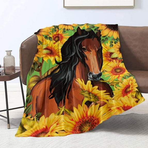 Kainsy Sunflowers Horse Blanket Plush Horse Throw Blankets for Couch Bed Sofa Decor Horse Flannel Fleece Blanket for Women Men Kids Blankets Birthday Gift(40"x50")
