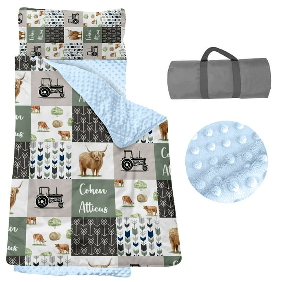 Kainsy Toddler Nap Mat, Personalized Name Tractor Series Nap Mats for Daycare Preschool Kindergarten Sleeping Bag for Kids Boys Nap Mat with Removable Pillow and Soft Blanket Cow