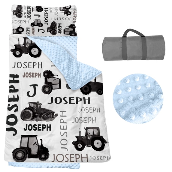 Kainsy Toddler Nap Mat - Personalized Tractor Series, Removable Pillow & Soft Blanket, Black - Daycare/Preschool/Kindergarten