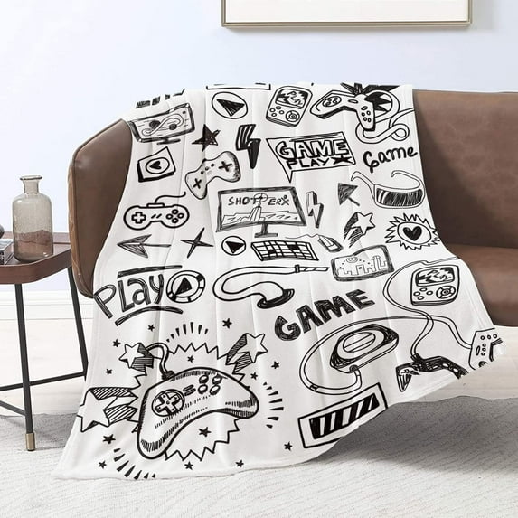 Kainsy Video Games Throw Blanket for Kids Boys Child White Cartoon Gaming Gamepad Flannel Fleece Blanket Graffiti Gamers Fuzzy Blankets Christmas Birthday Gifts Sofa Couch Blanket(60"x80")