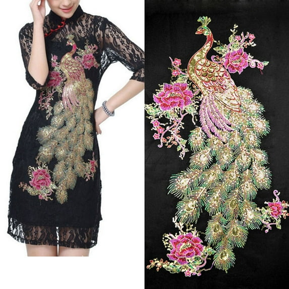 Kaireo Blossom Peacock Applique Clothing Embroidery Patch Sticker Iron Sew Cloth Diy Bk,Craft Fashion Accessories for Diy Clothes,Mg-160605-10 Sequined Peacock Embroidery Applique Black Mesh Bottom