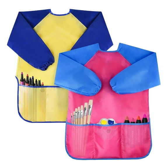 Kaireo Colorful Diy Apron,2 Pack Kids Children Artist Painting Aprons Long Sleeve with 3 Pockets,Include:2 Pcs Aprons,Material:Water Proof
