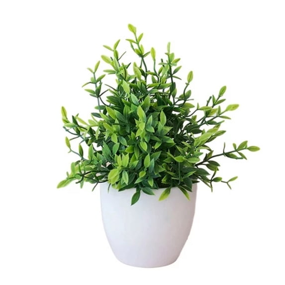 Kaireo Compact Small Fake Green Potted Plant, White Plastic Pot Artificial Greenery for Bathroom Countertop and Shelf Ornament Decor