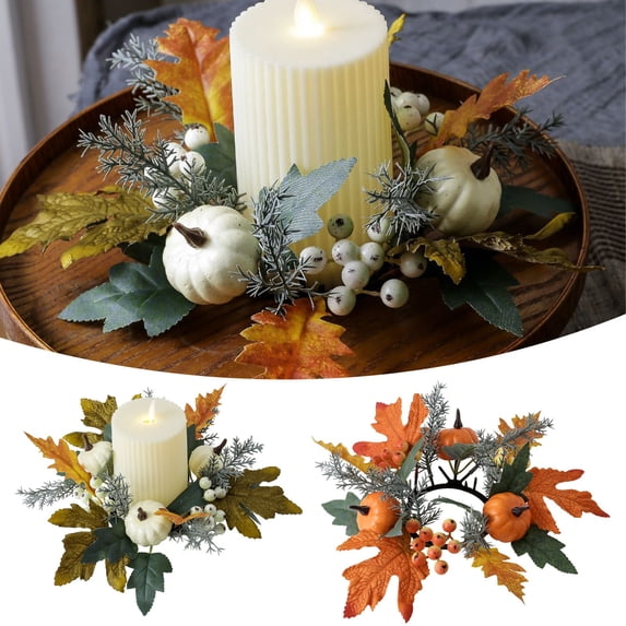 Kaireo Halloween Table Centerpiece Candle Holder with Pumpkin Design and Artificial Floral Ring, LED Candle Included for Spooky Fall Dinner Decor – Orange and White, 2 Count