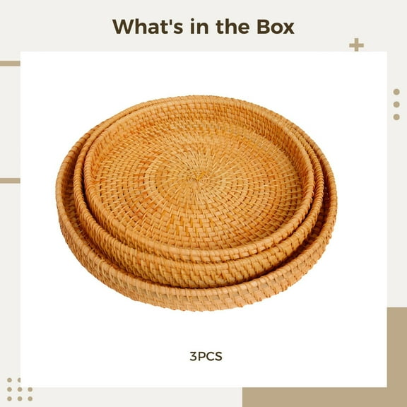 Kaireo Round Rattan Serving Tray Set of 3, Handwoven Natural Wicker Nesting Trays, Boho Coffee Table Decor, Rustic Kitchen Counter Storage Organizer, Handleless, 1 Set