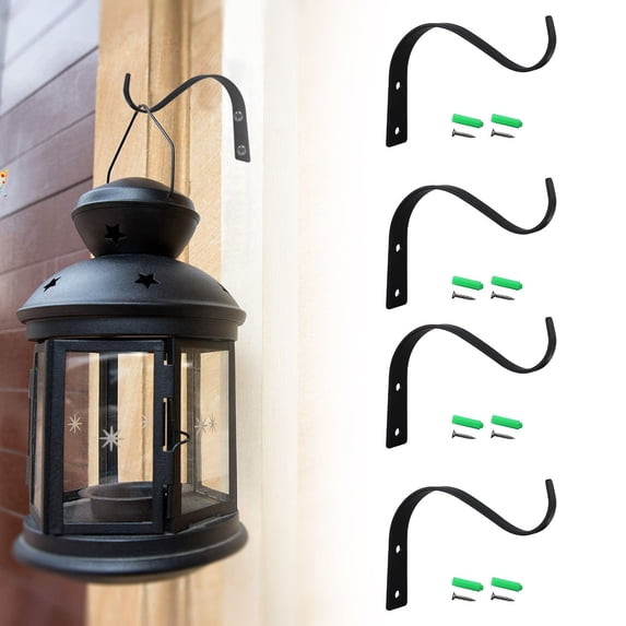 Kaireo Wall Mount Plant Hanger Bracket 4 Pack Black. S-Shaped Heavy Duty Rustproof Hanging Hook for Bird Feeders Flower Pots Lanterns Wind Chimes. Sturdy Indoor Outdoor Garden Decor Hook