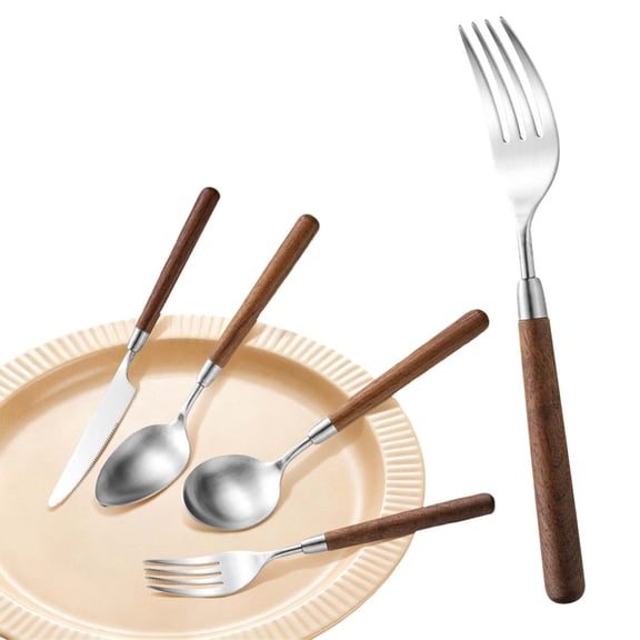 Kaireo Walnut Flatware Set 4 Piece, Real Walnut Handles Stainless Steel Fork Spoon, Household Western Tableware, 1 Set