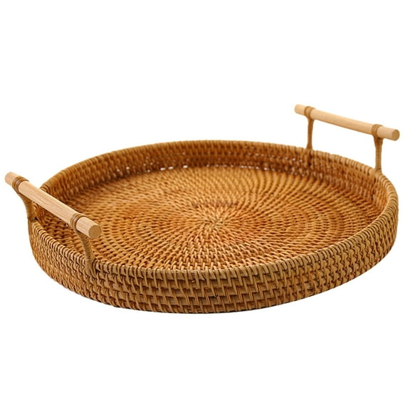 Kaireo +Zxl250707526 Properties Hand-Woven Basket Tray,Round Rattan Tray Woven Bread Basket with Handles Small Tray for Serving Dinner Parties Coffee Table Tea (Natural 11 Inches Diameter)