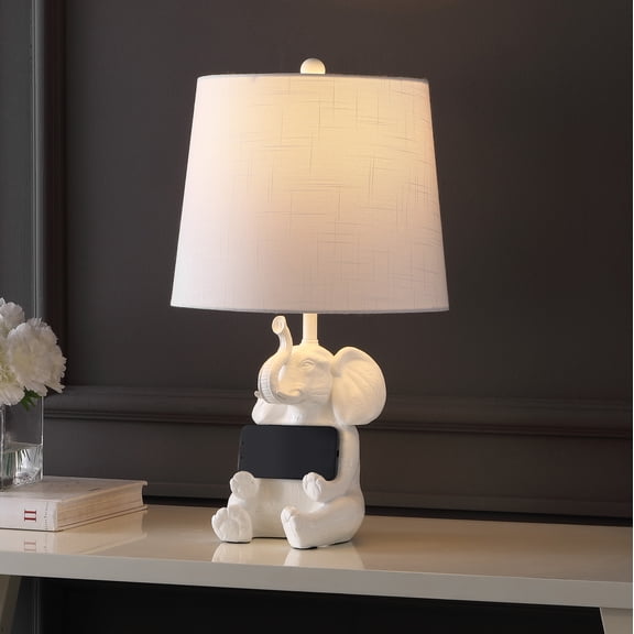 JONATHAN Y Kairi 21" Modern Shabby Chic Resin/Iron Happy Elephant LED Kids' Table Lamp with Phone Stand, White, JYL4060A