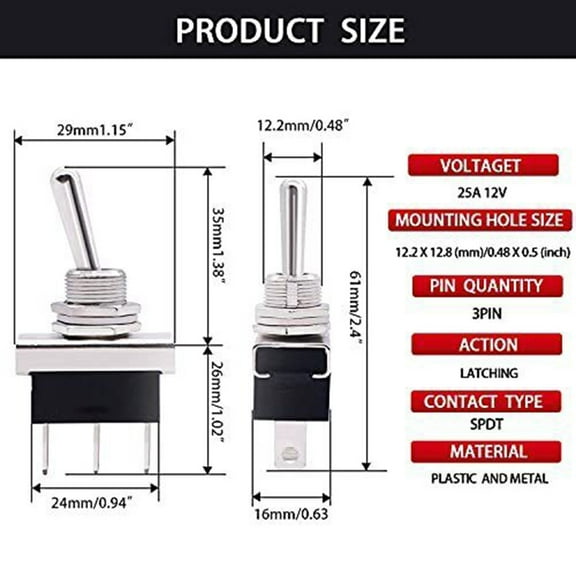 Kairuite 2PCS Toggle Switch 12V 25A SPDT ON-Off-ON 3Pin 3 Position with Upgrade Waterp
