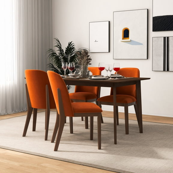 Kaitlyn Burnt Orange Velvet Dining Chairs Set of 2, Mid-Century Modern Upholstered Wood Leg Accent Chairs for Kitchen, Dining Room, Apartment, 33"