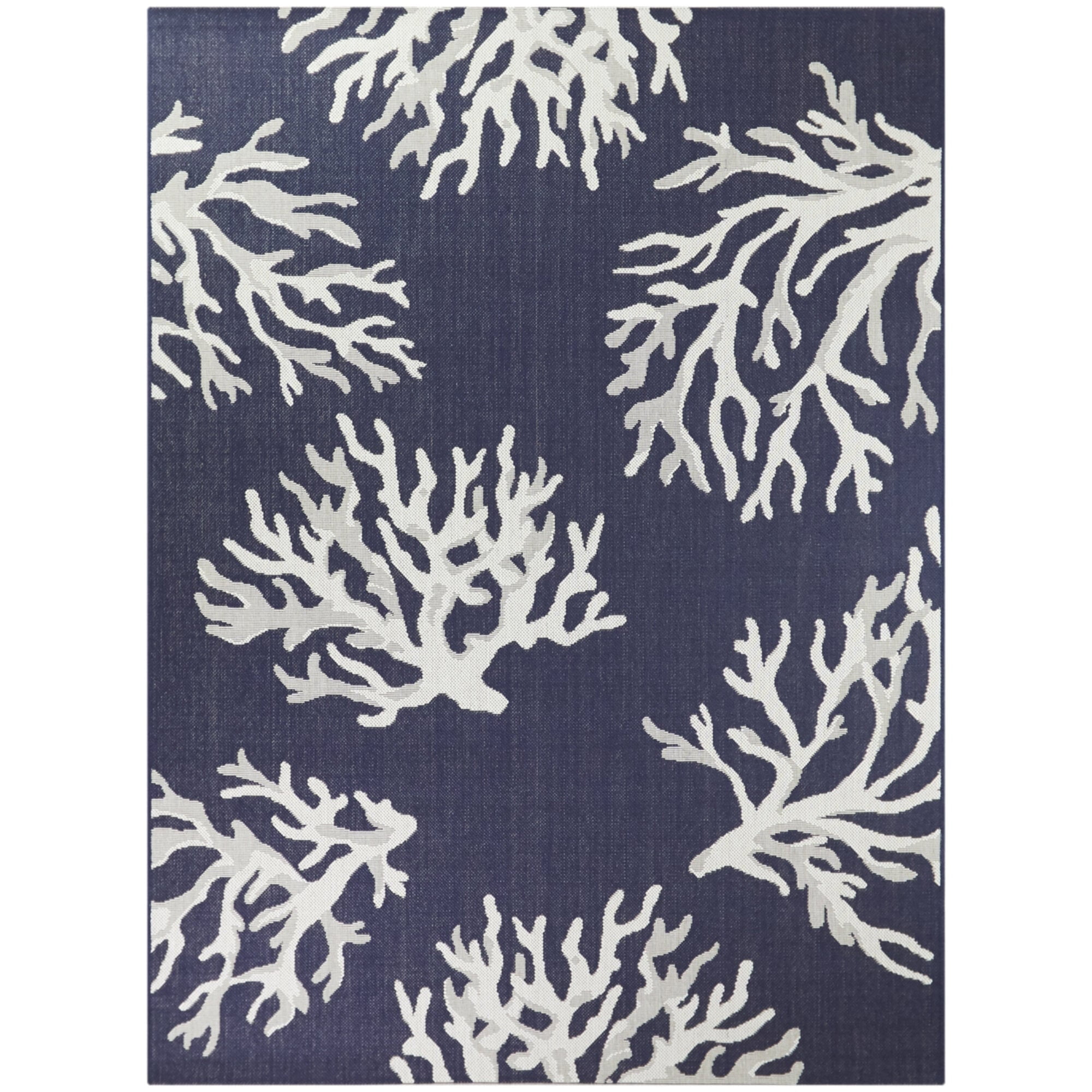 Blue and White Coral Pattern Synthetic Outdoor Rug 5'3" x 7'
