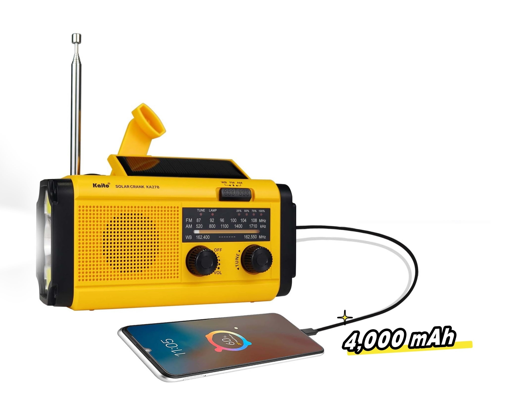 Kaito KA278 Emergency AM/FM NOAA Radio Solar Crank, Yellow