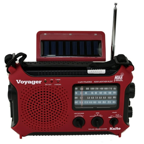 Kaito KA500 Voyager 5-way Powered Emergency AM/FM/SW NOAA Weather Alert Radio with Solar Dynamo Crank Flashlight and Reading Lamp - Red
