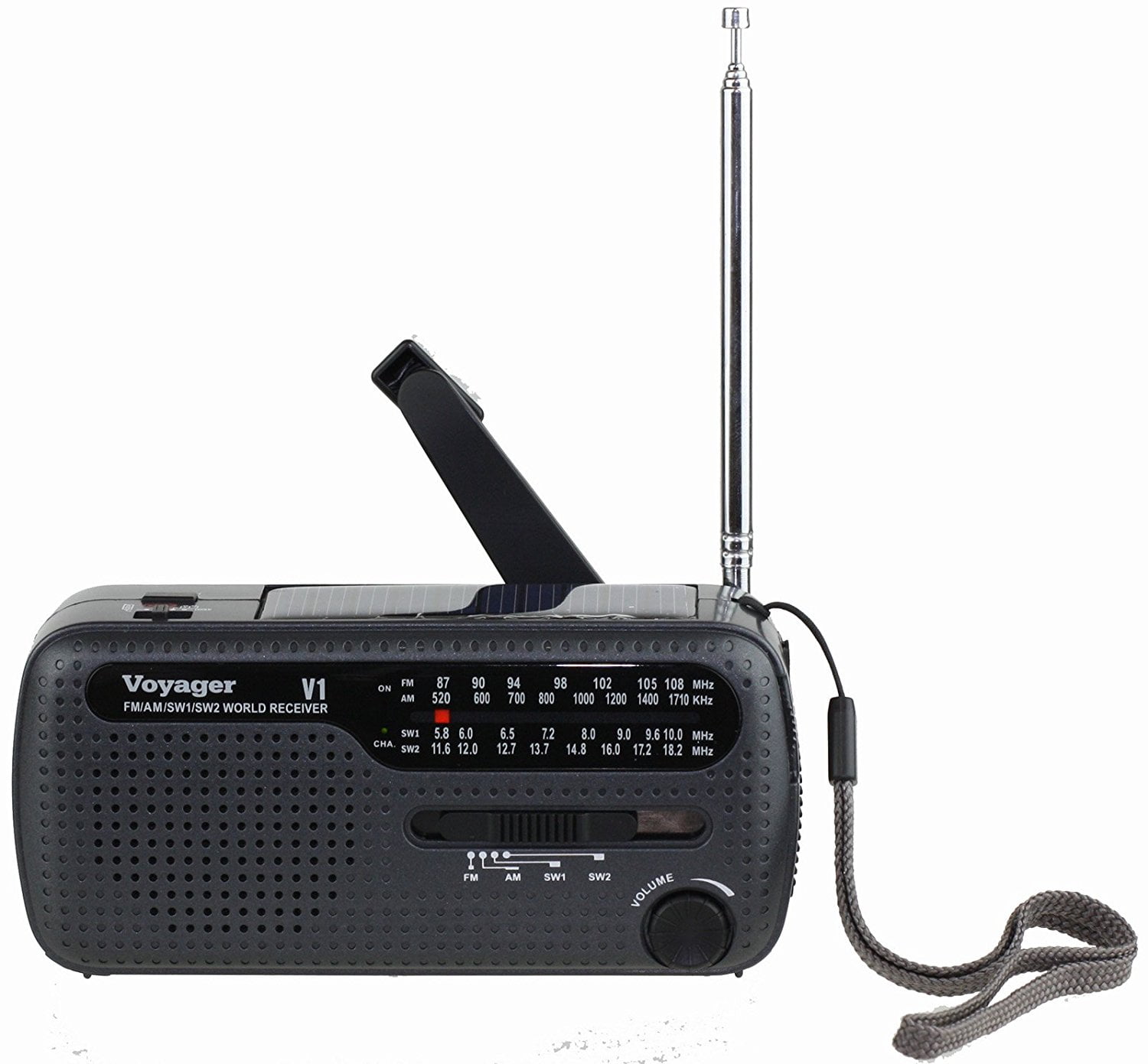 Kaito V1R Voyager Solar/Dynamo AM/FM/SW Emergency Radio with Cell Phone Charger and 3-LED Flashlight - Black