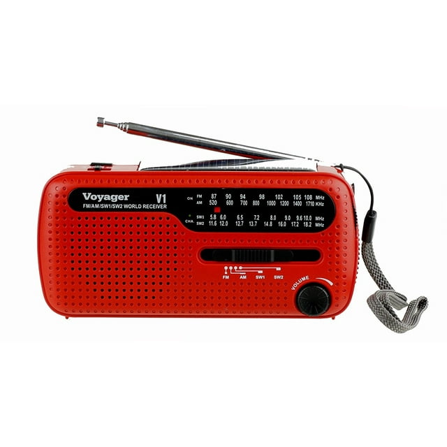 Kaito V1R Voyager Solar/Dynamo AM/FM/SW Emergency Radio with Cell Phone Charger and 3-LED Flashlight - Red