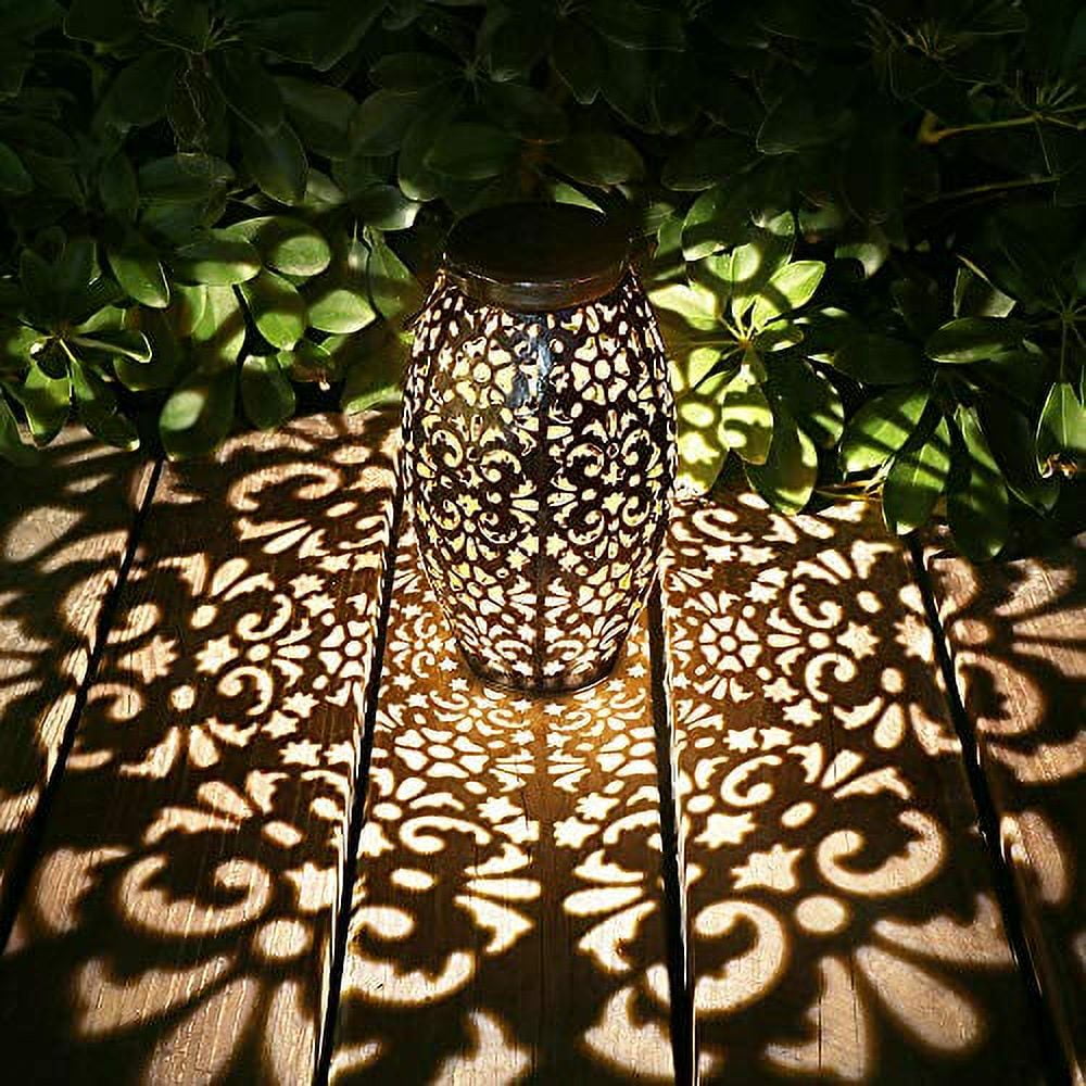 Silver Outdoor Solar Lantern with Hollowed Pattern Design
