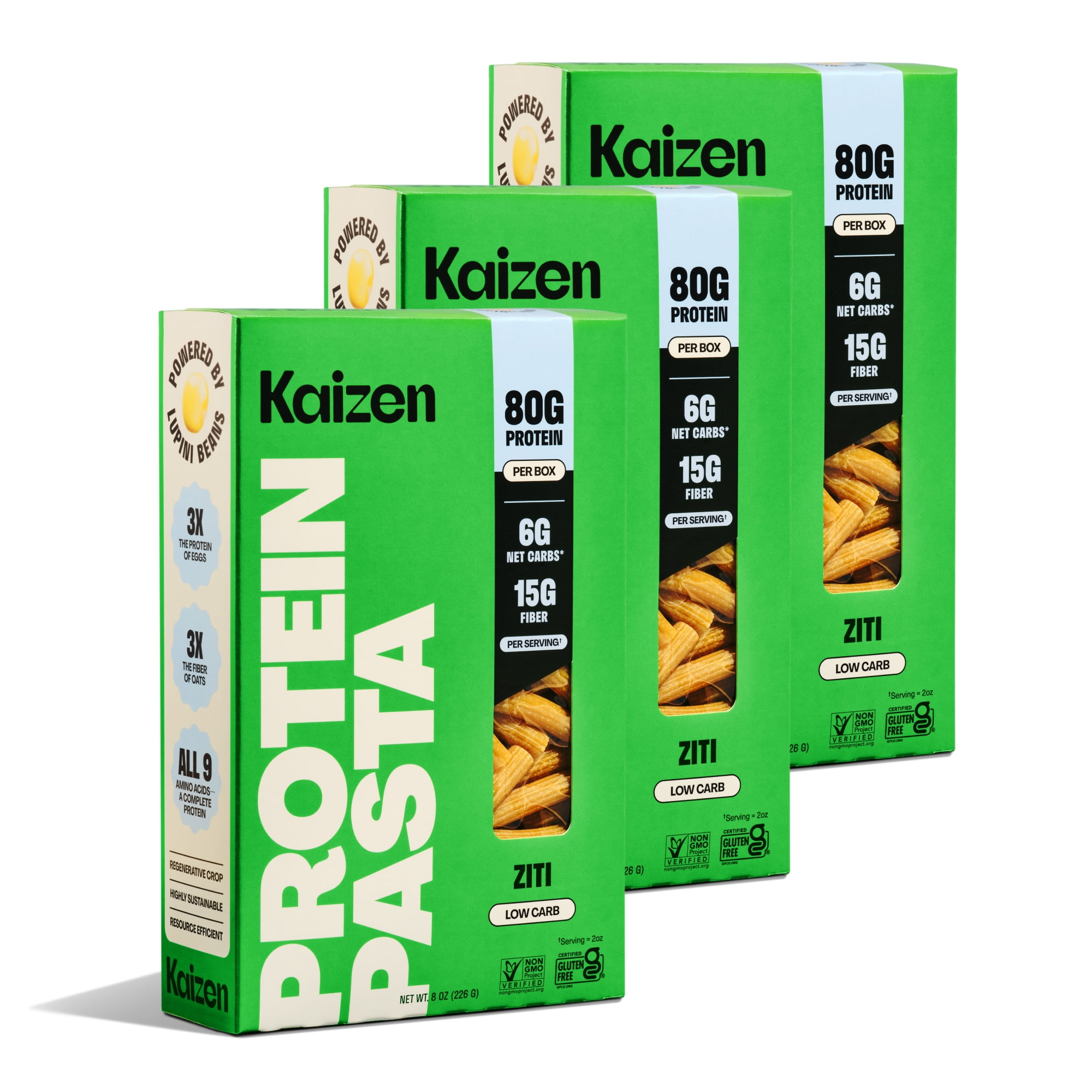 Kaizen Low Carb Keto Pasta Ziti - High Protein (20g), Gluten-Free, Keto-Friendly (6g Net), Plant-Based Lupini Noodles made w/High Fiber Lupin Flour - 8 ounces (Pack of 3)