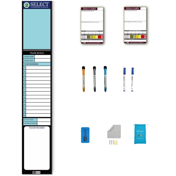 Kaizen Select Board Set  Visual Team Launch & Communication Board for CI Projects | Includes 2 Magnetic Idea Cards, Markers, Eraser & Cleaning Kit | Lean Kaizen Kickoff Board for Manufacturing Teams