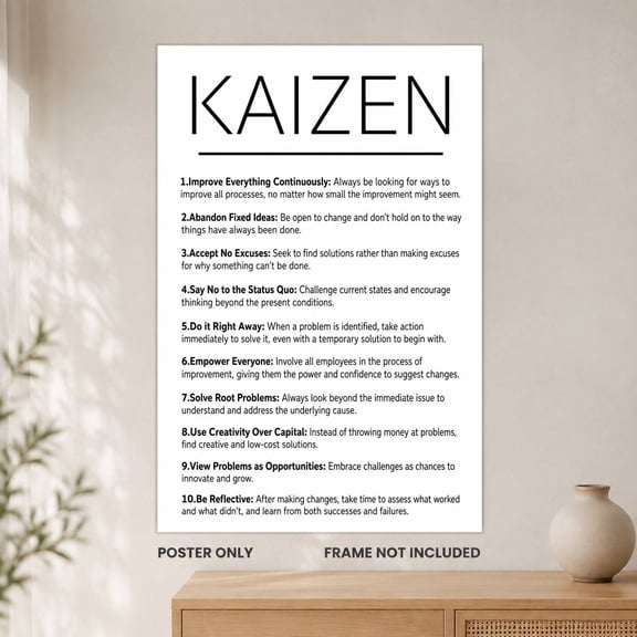 Kaizen Ten Principles Black and White Typography Unframed Wall Art Poster for Office, Workplace and Professional Development