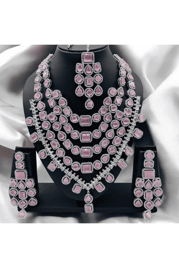 Bridal CZ Jewelry Set with Mang tikka, Earrings for Women | Pink CZ Jewelry for Wedding & Engagement