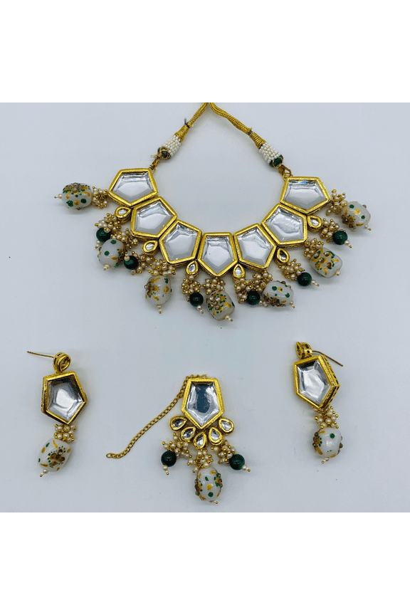 Crystle Choker Necklace Set with Earrings and Mang Tikka for Women | Indian Jewelry for Weddings